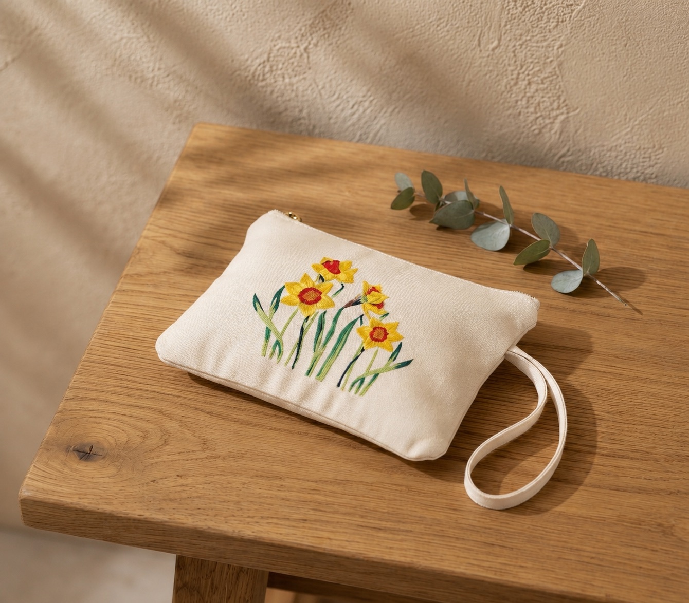 Upcycled Silk Pouch with a hand-pieced daffodil design