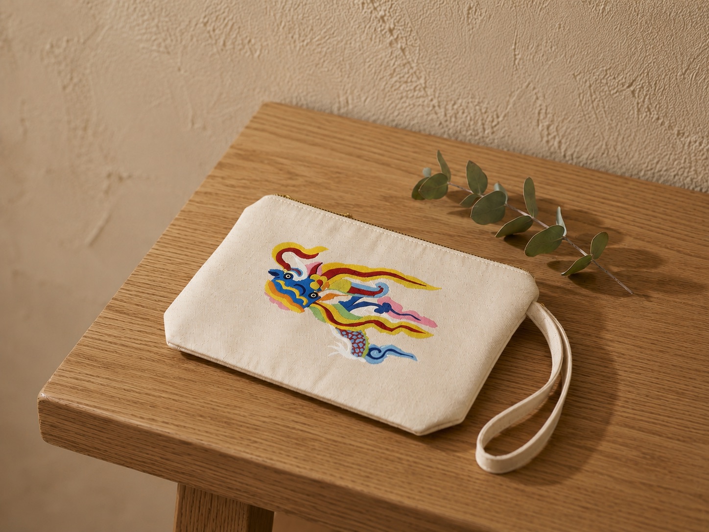Upcycled Silk Pouch with a hand-pieced dragon design