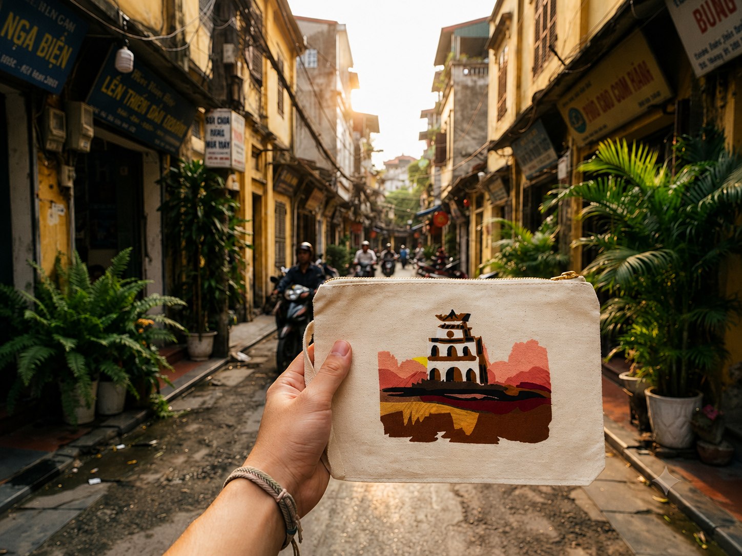 Person holding an Upcycled Silk Pouch printed with a sunset pagoda design on a Hanoi street