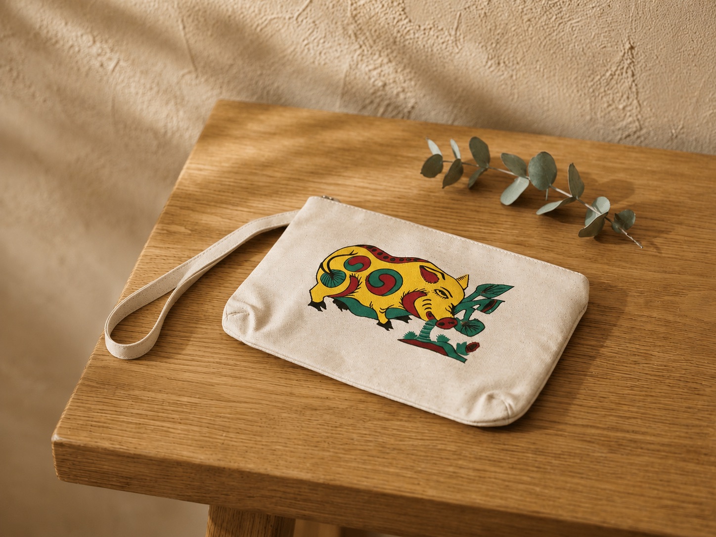 Upcycled Silk Pouch with a hand-pieced Piglet folk-art design