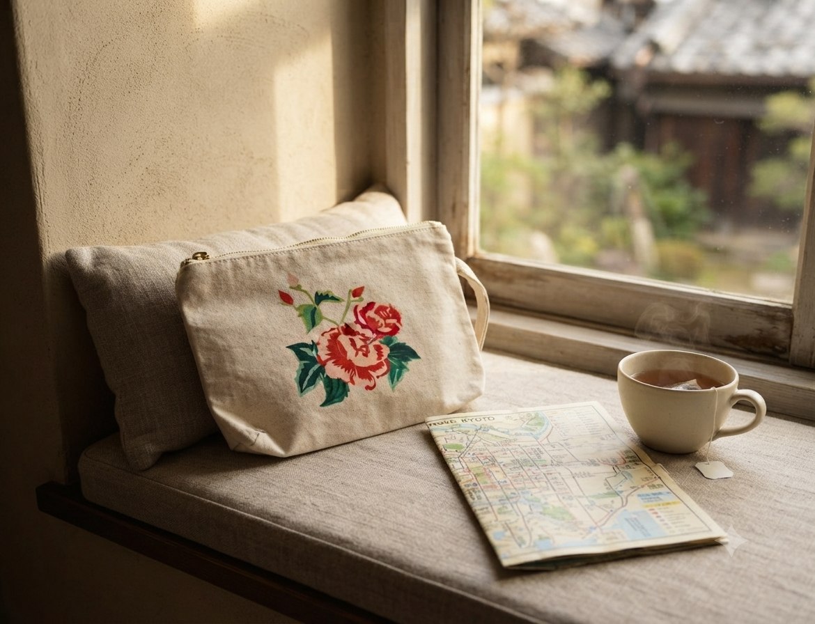 Upcycled Silk Pouch with a rose design resting on a window seat beside a cup of tea and a map