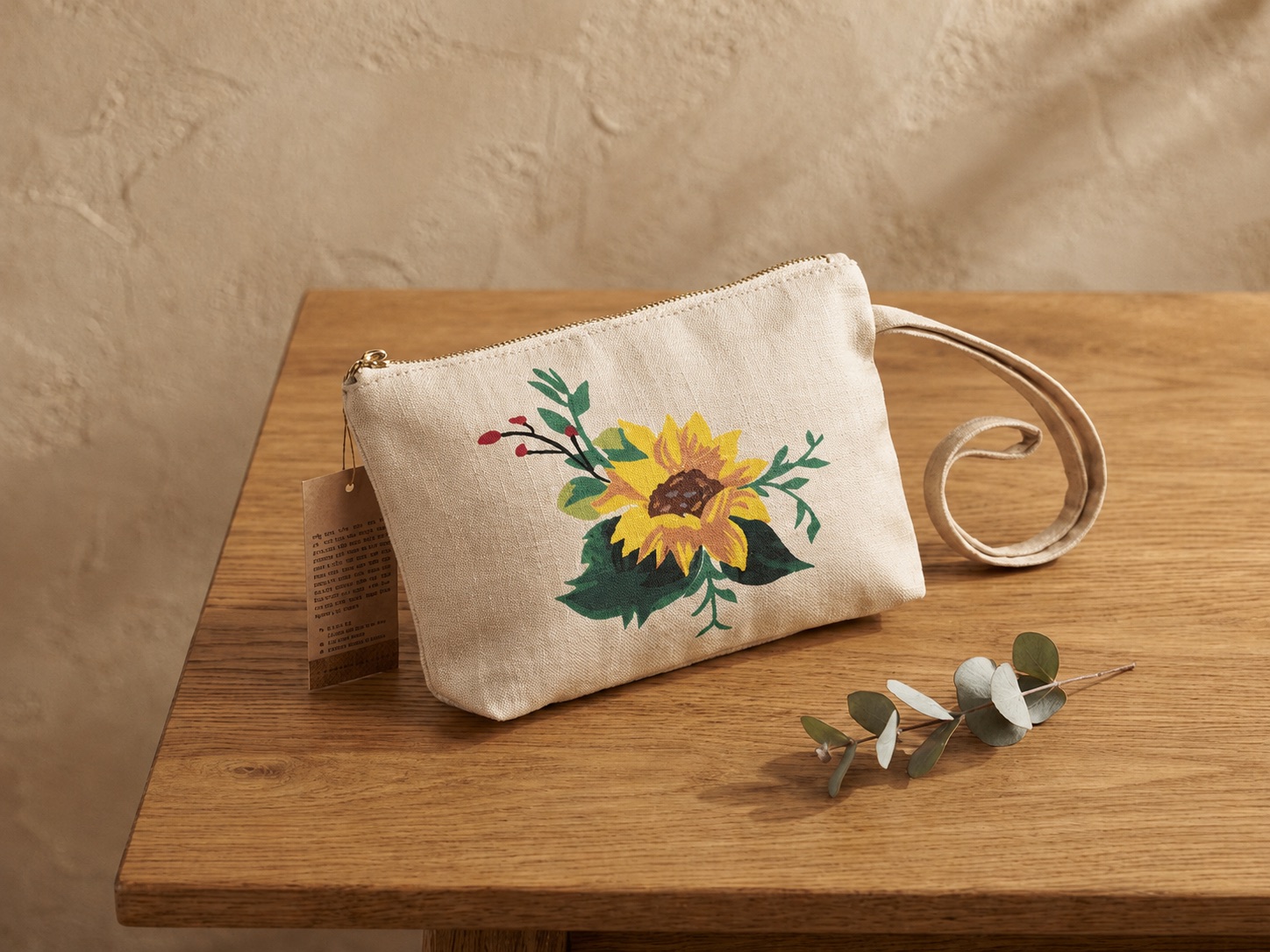 Upcycled Silk Pouch with a hand-pieced sunflower design