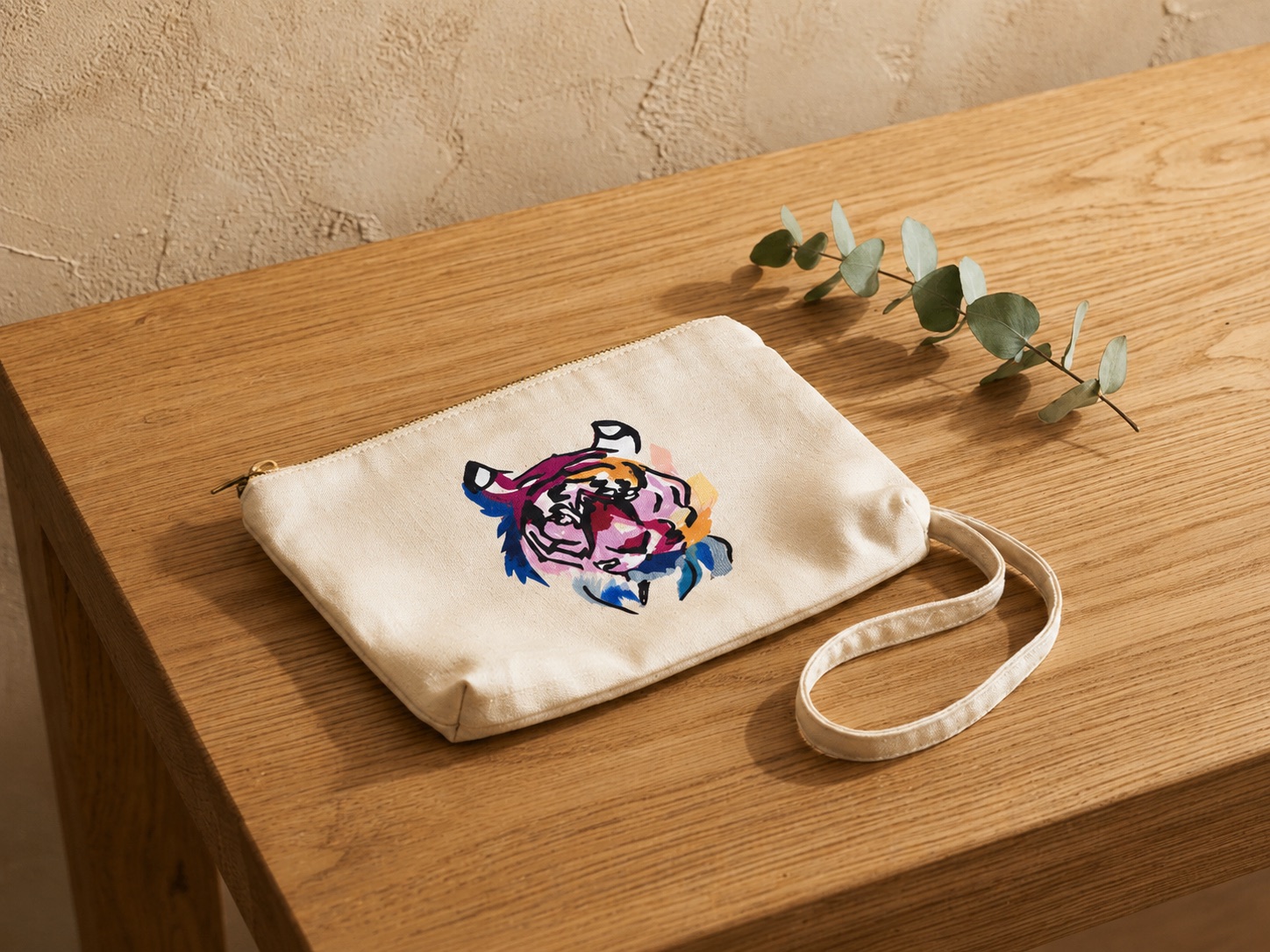 Upcycled Silk Pouch with a hand-pieced painterly tiger design