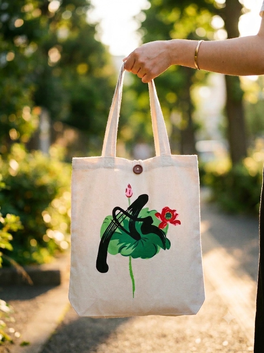 Upcycled Silk Tote Bag with a hand-pieced lotus and calligraphy design