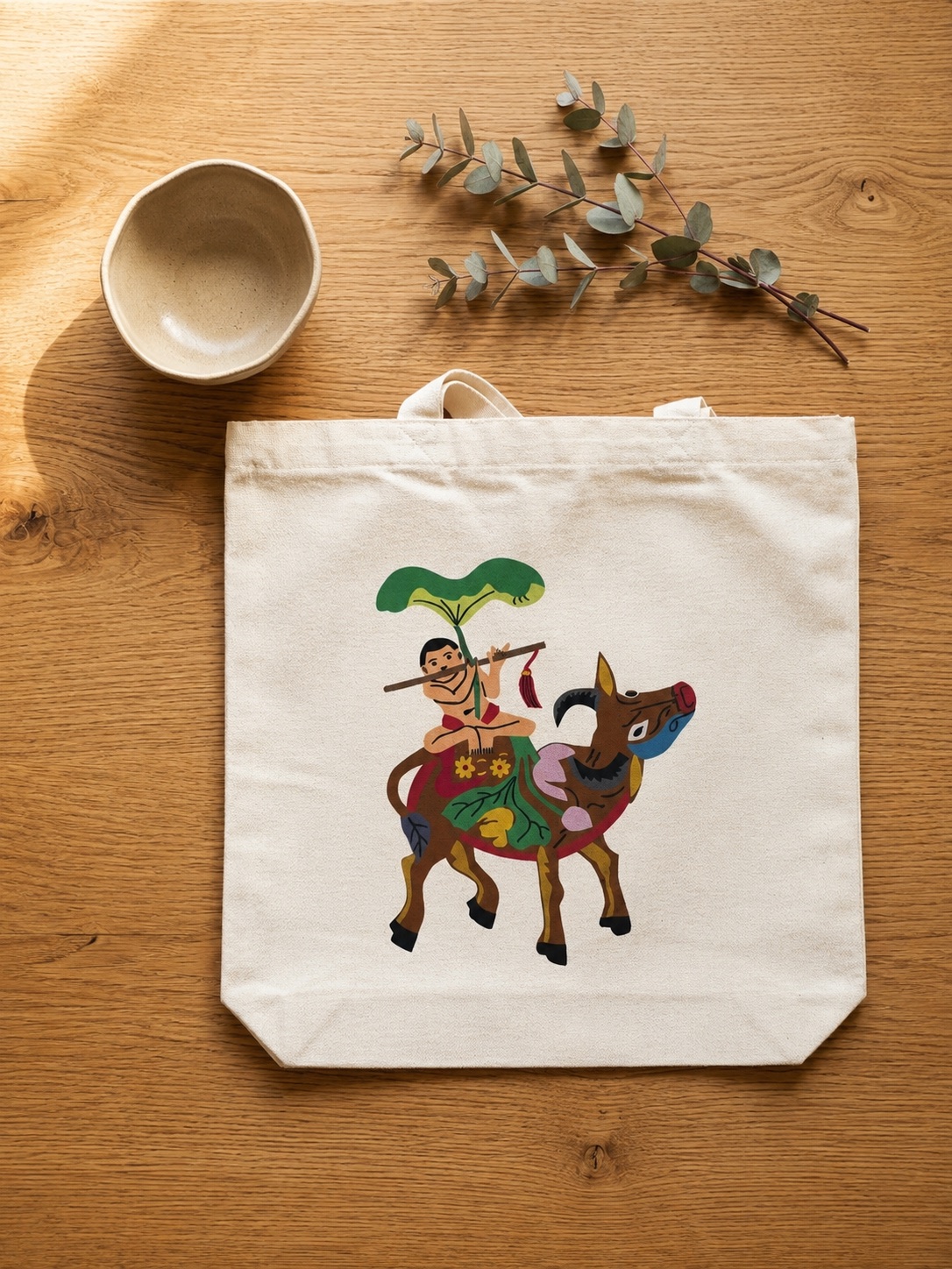 Upcycled Silk Tote Bag with a hand-pieced Buffalo Boy's Flute folk-art design
