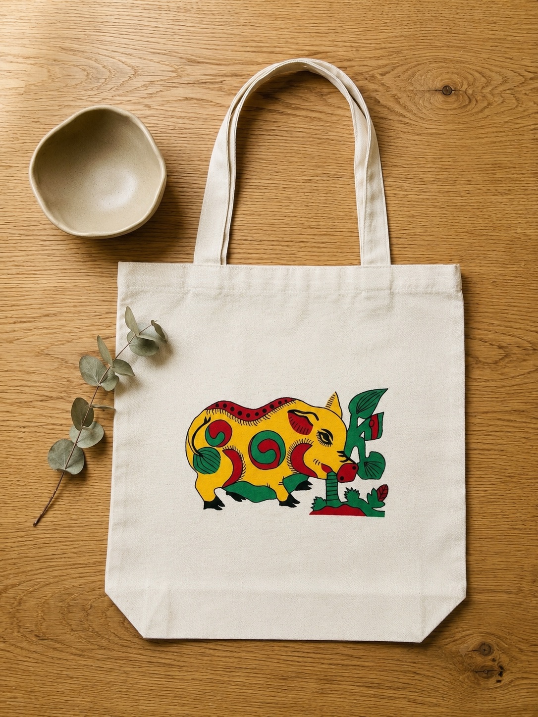 Upcycled Silk Tote Bag with a hand-pieced Dong Ho Pig design