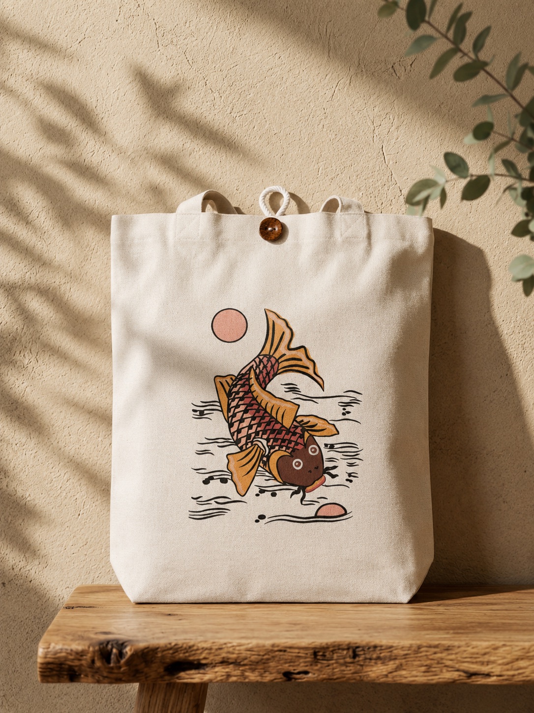Upcycled Silk Tote Bag with a hand-pieced Koi Fish design