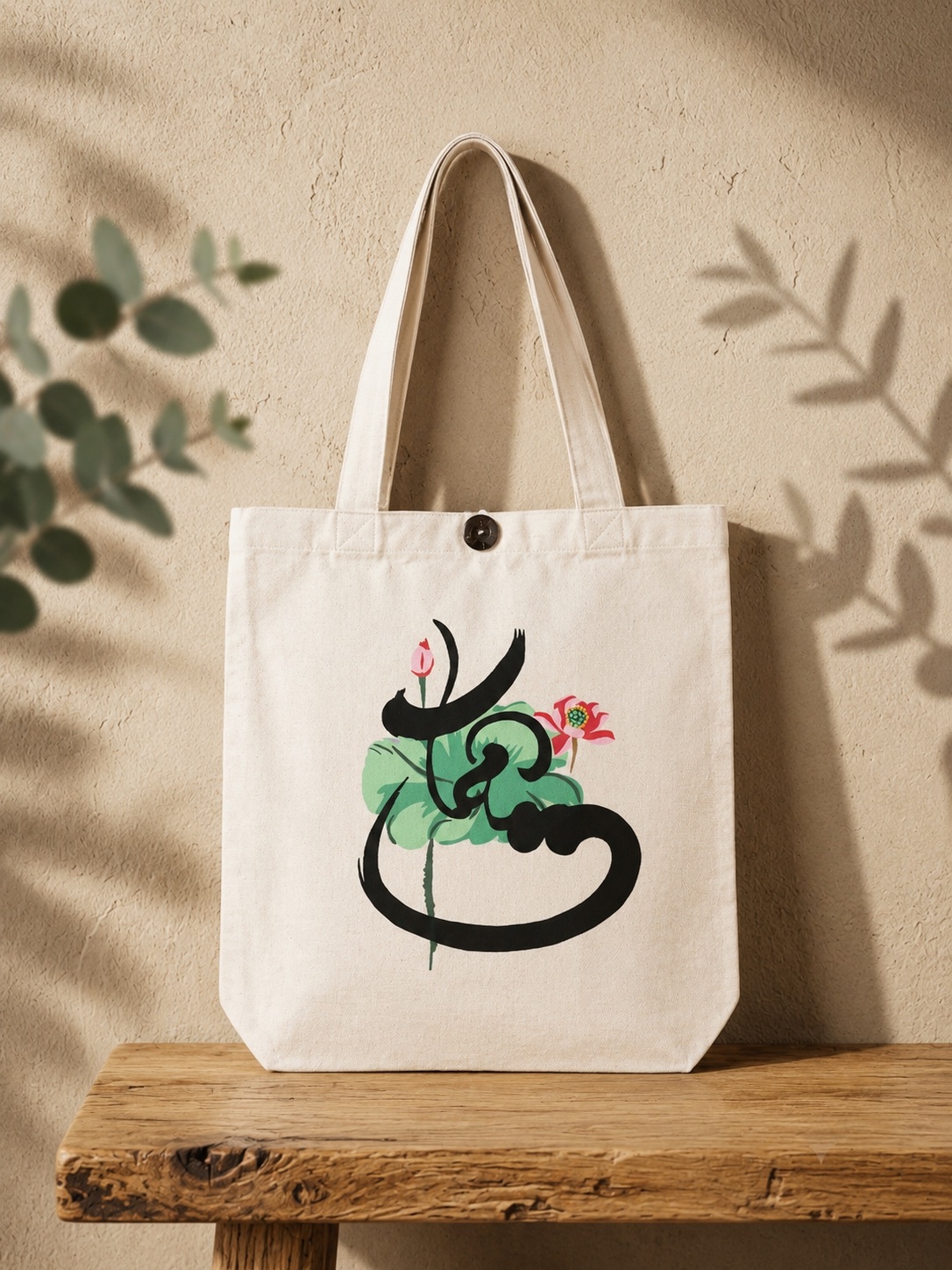 Upcycled Silk Tote Bag with a hand-pieced calligraphy and lotus design