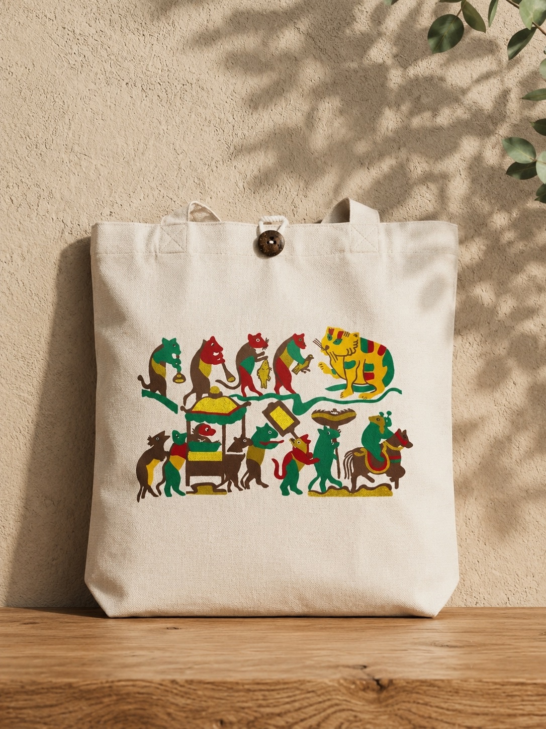 Upcycled Silk Tote Bag with a hand-pieced Mice Wedding folk-art design