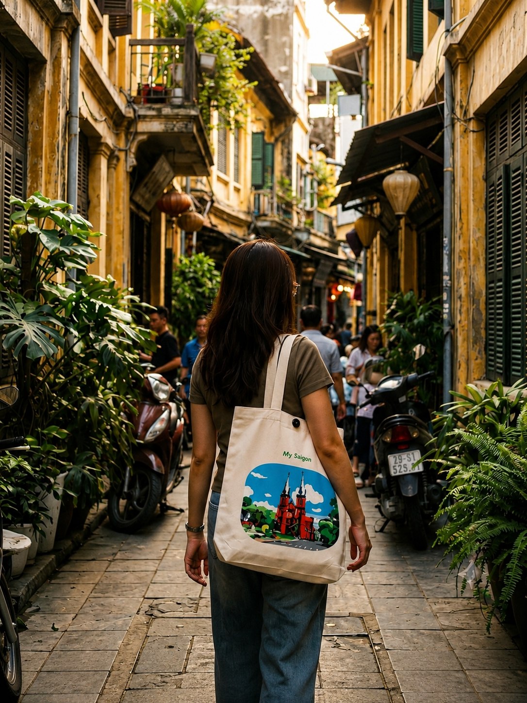 Woman walking through a Hanoi alley carrying an Upcycled Silk Tote Bag printed with a My Saigon design