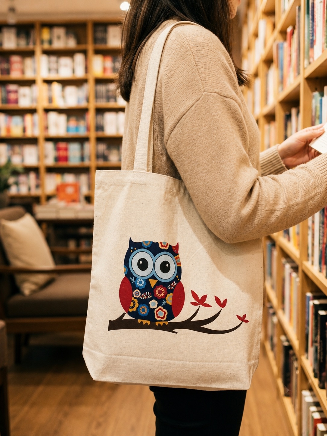 Upcycled Silk Tote Bag with a hand-pieced Owl design