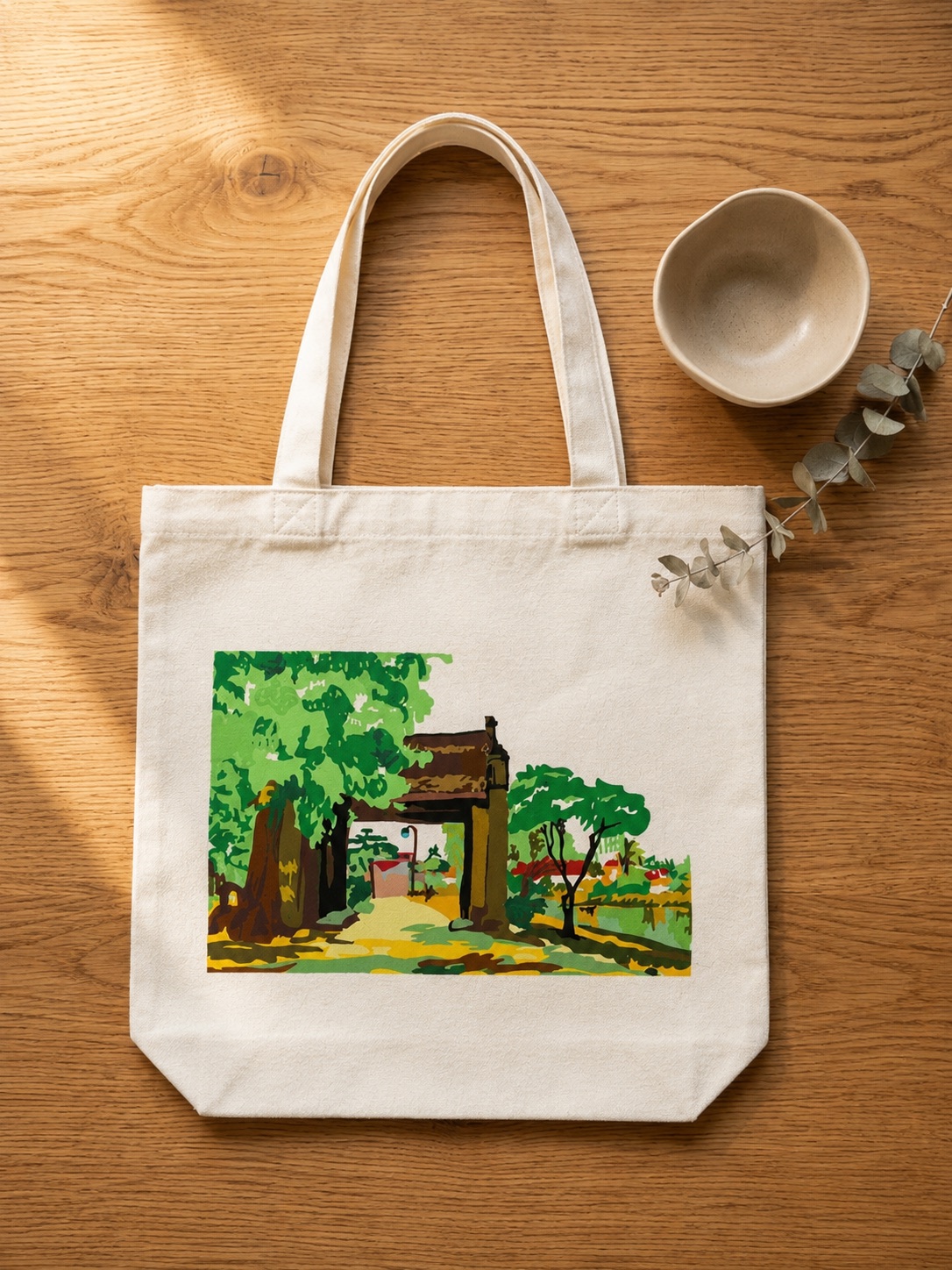Upcycled Silk Tote Bag with a hand-pieced Village Gate Path design