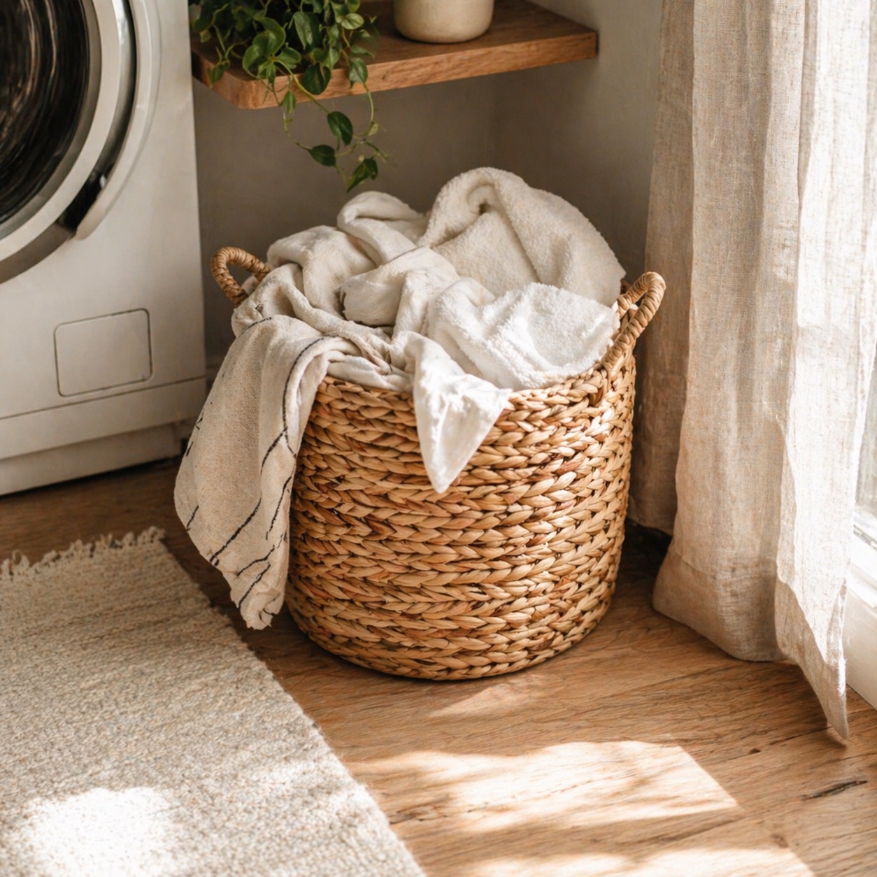 Water Hyacinth Basket used as a laundry basket beside a washing machine
