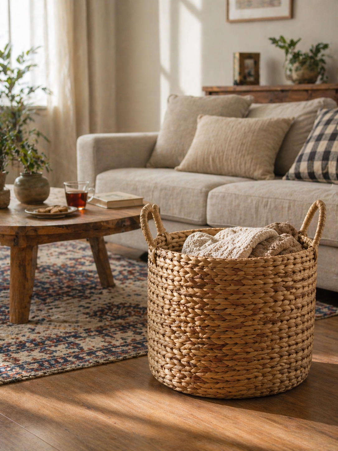 Water Hyacinth Basket filled with folded throws in a living room, beside a sofa