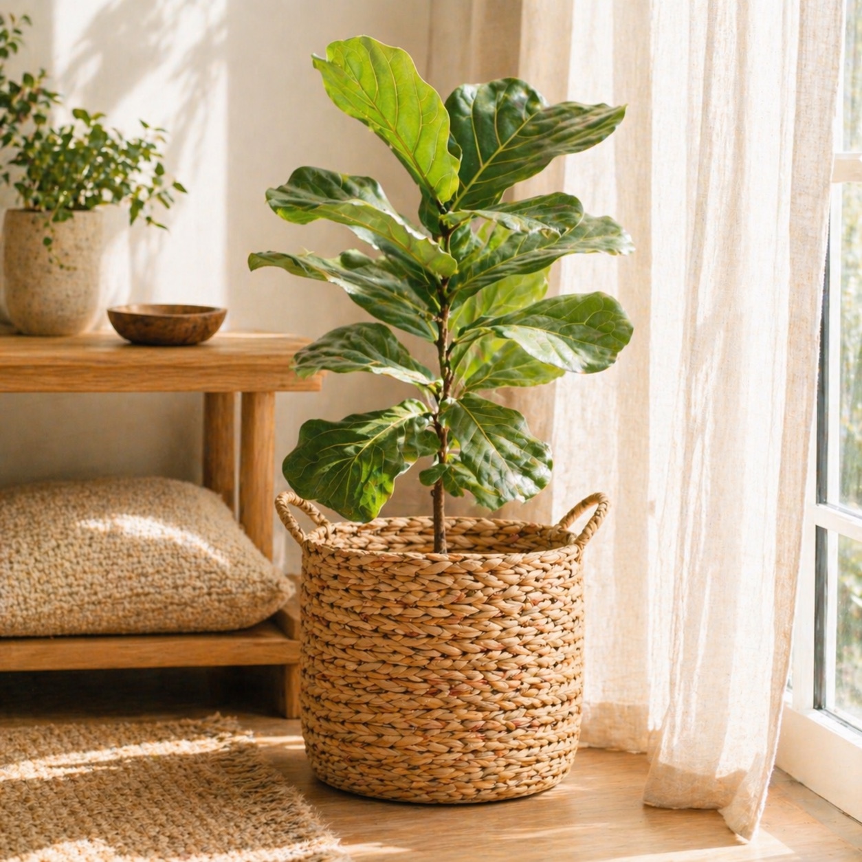 Water Hyacinth Basket used as a planter cover for a potted fig tree