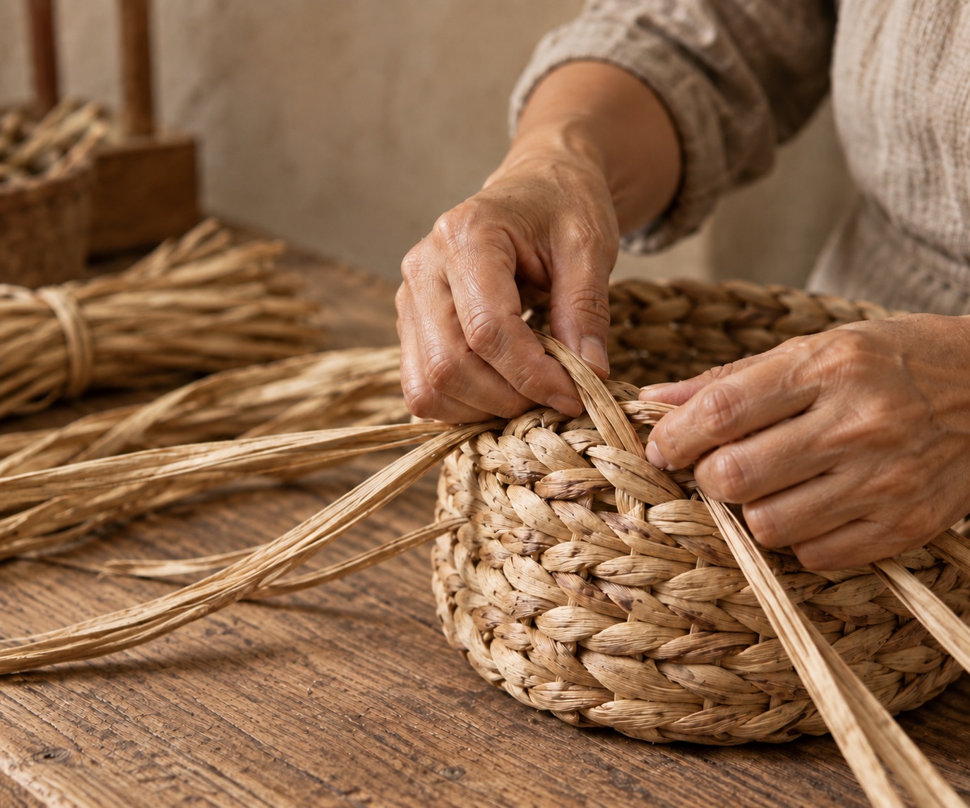 An artisan's hands weaving water hyacinth fiber into a basket