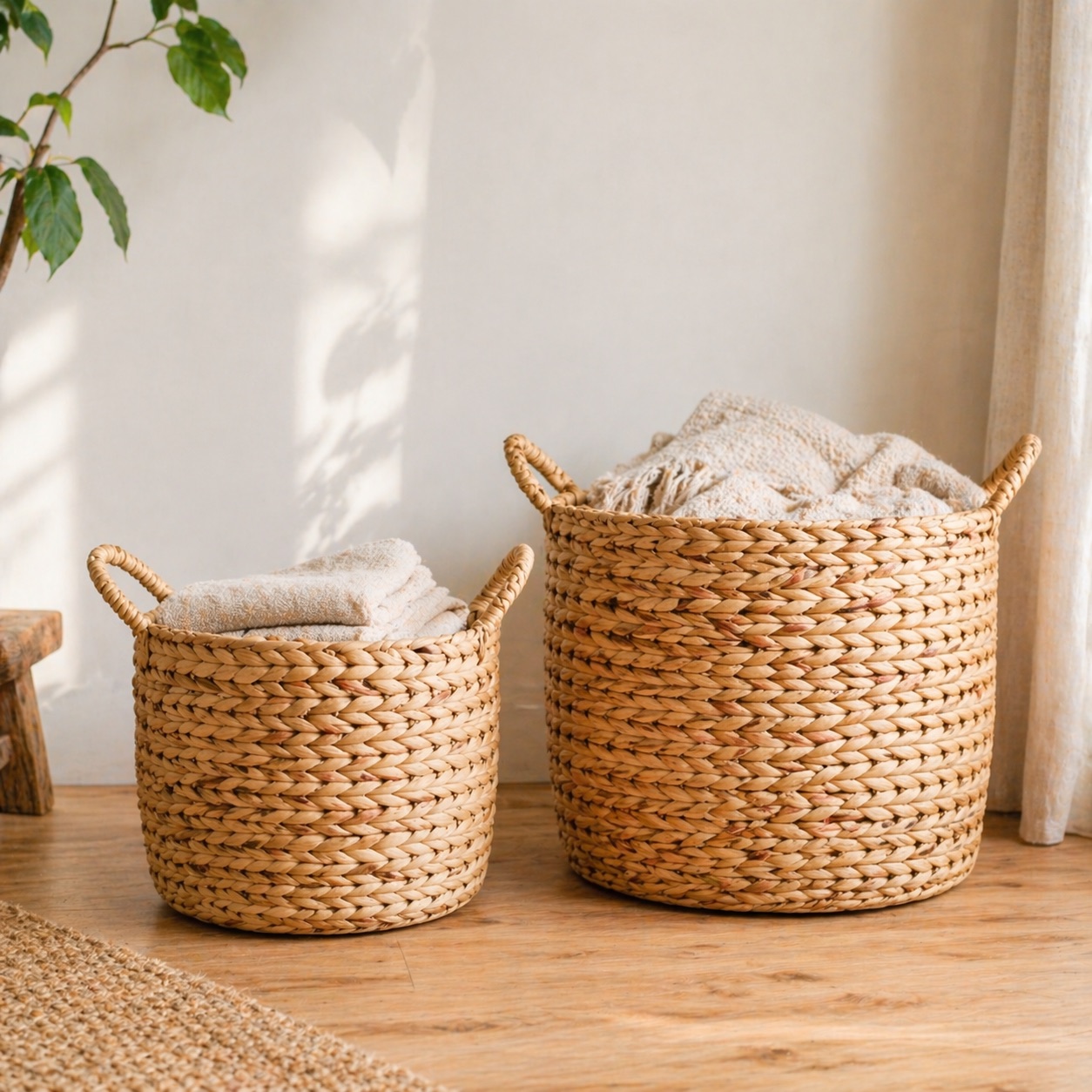 Two Water Hyacinth Baskets shown side by side to compare scale