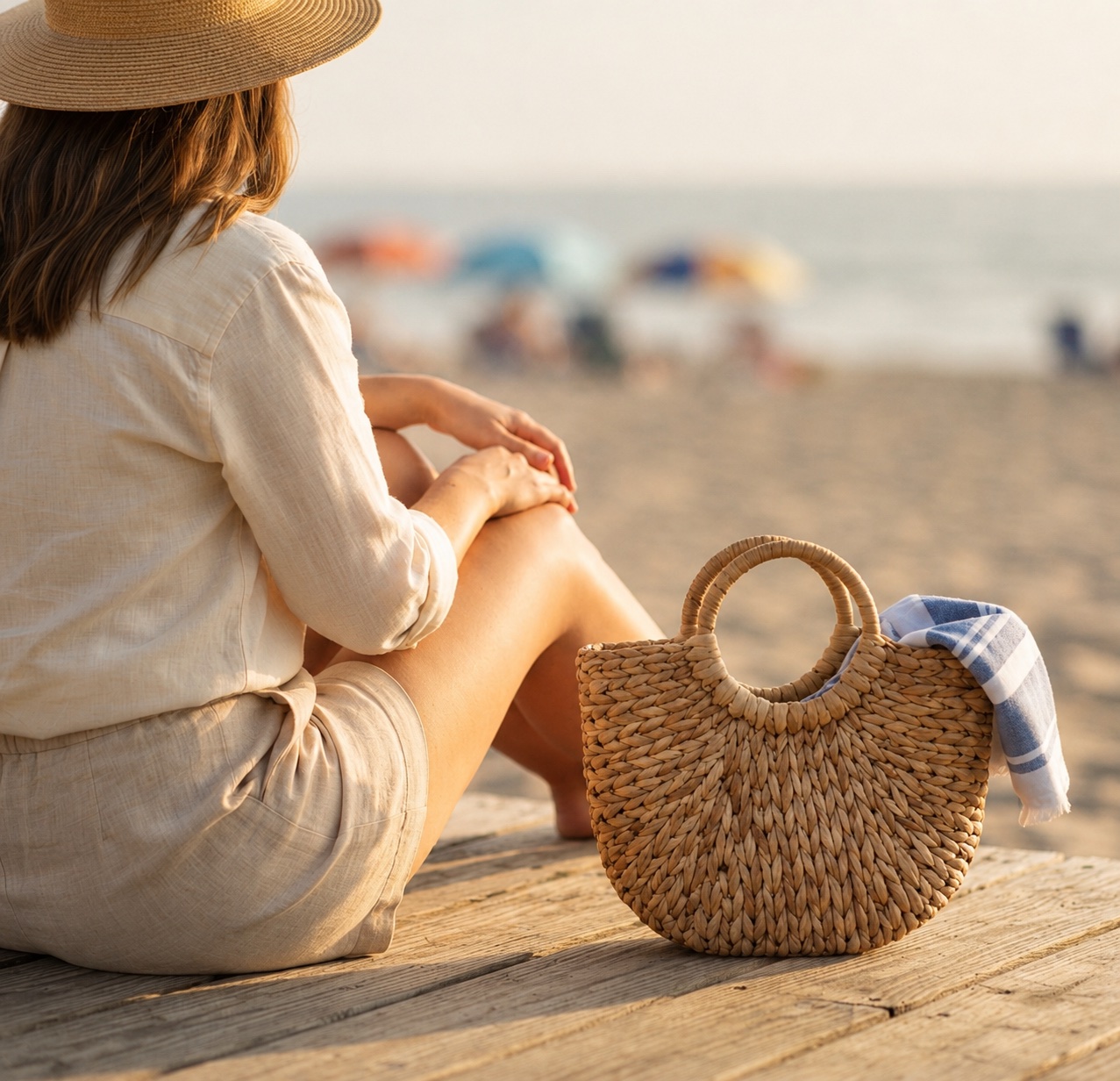 Water Hyacinth Handbag carried while sitting on a boardwalk near the beach