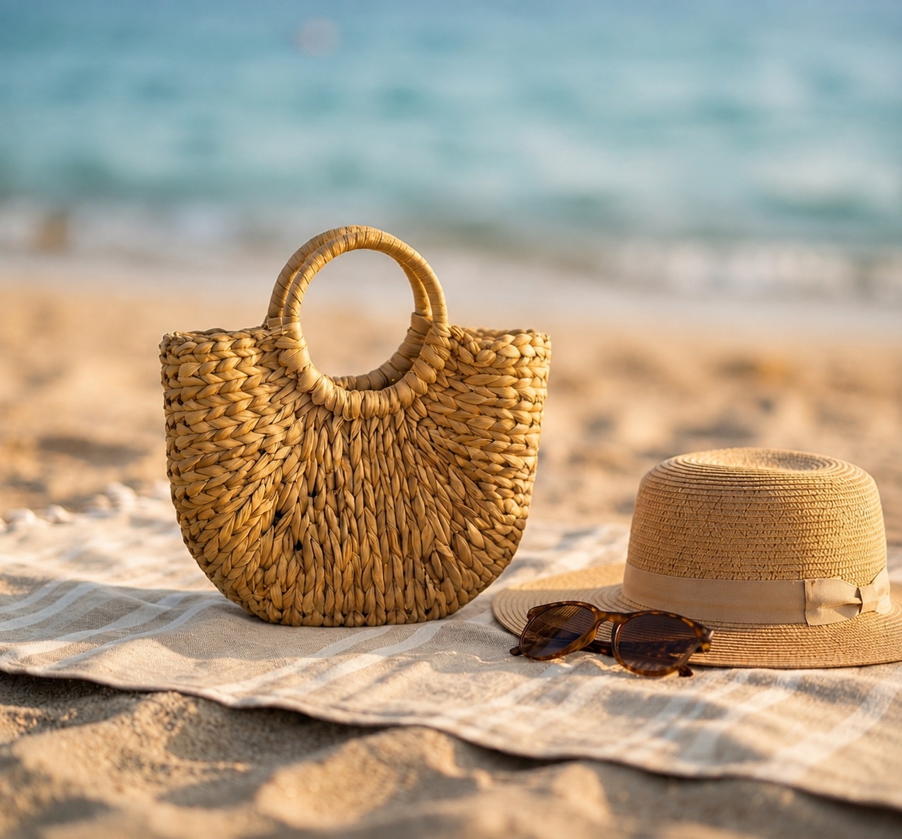 Water Hyacinth Handbag styled on a beach towel next to a sun hat and sunglasses
