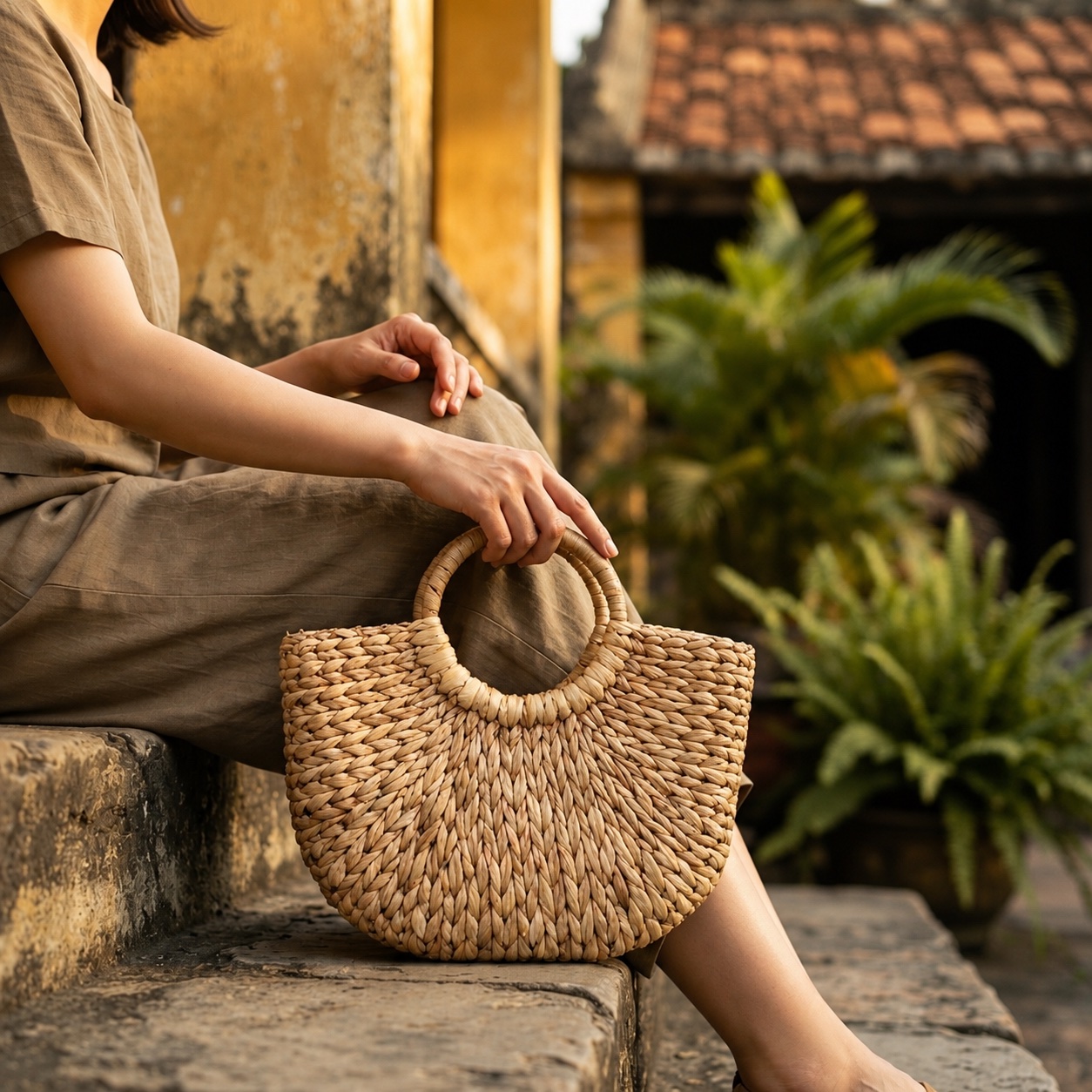 Woman sitting on a step in Hoi An's old town holding the Water Hyacinth Handbag