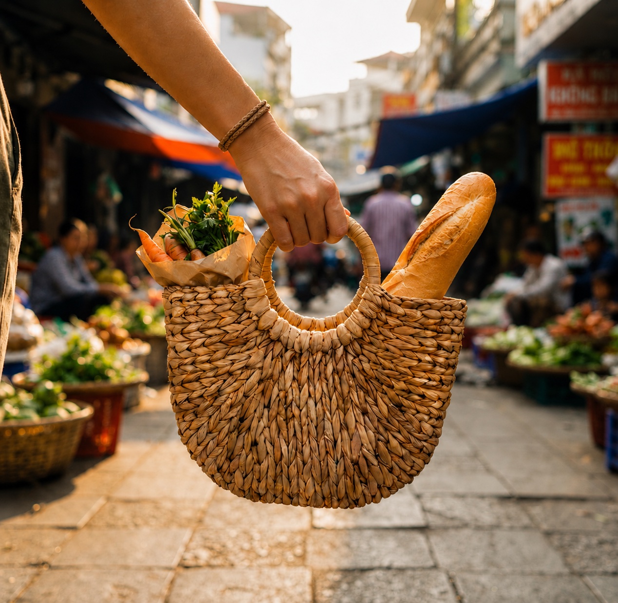 Water Hyacinth Handbag carried while shopping at a Vietnamese street market, holding bread and vegetables