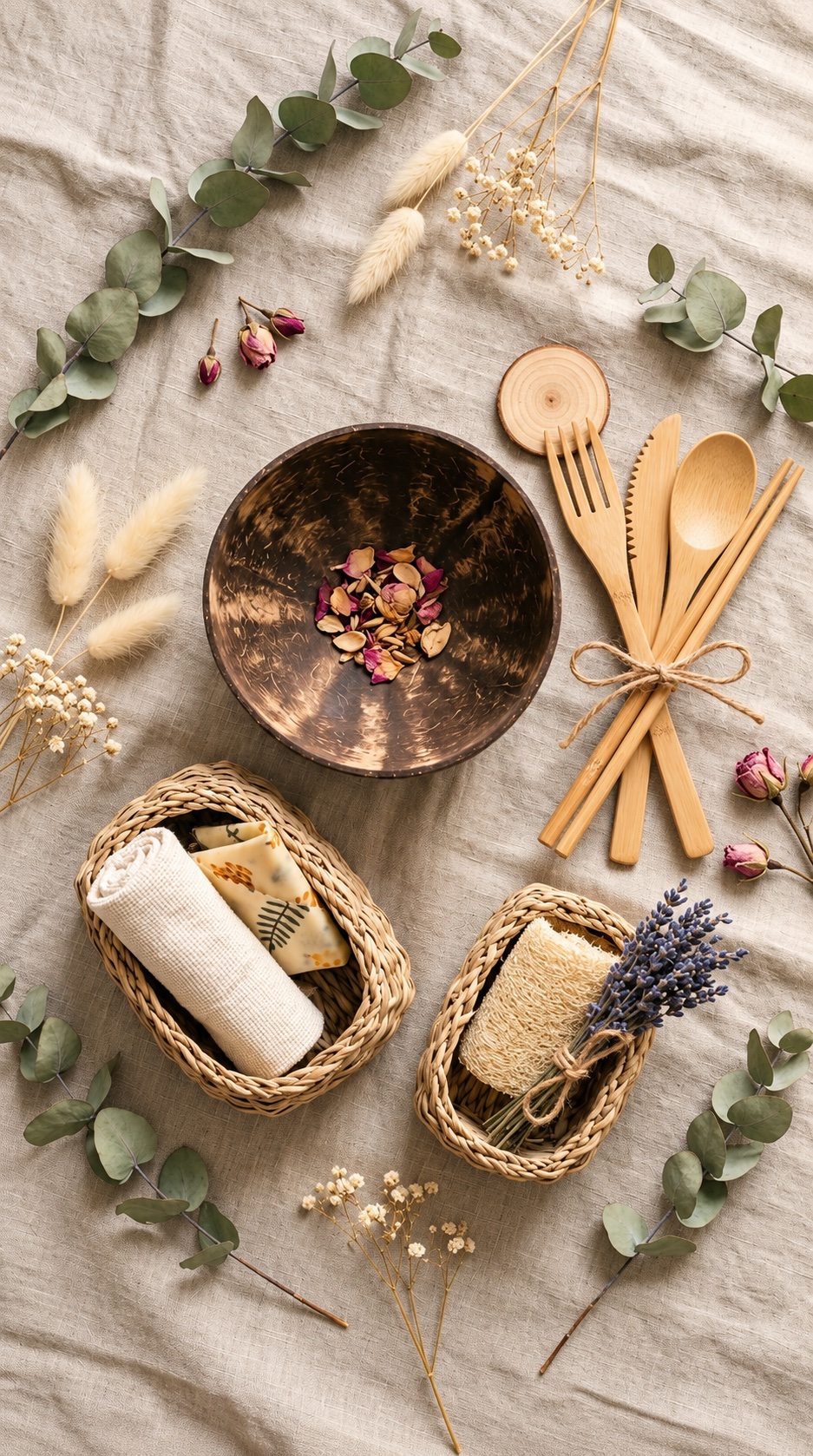 Natural materials used in Vietnamese handicrafts, including dried flowers, eucalyptus, woven baskets, and a coconut shell bowl