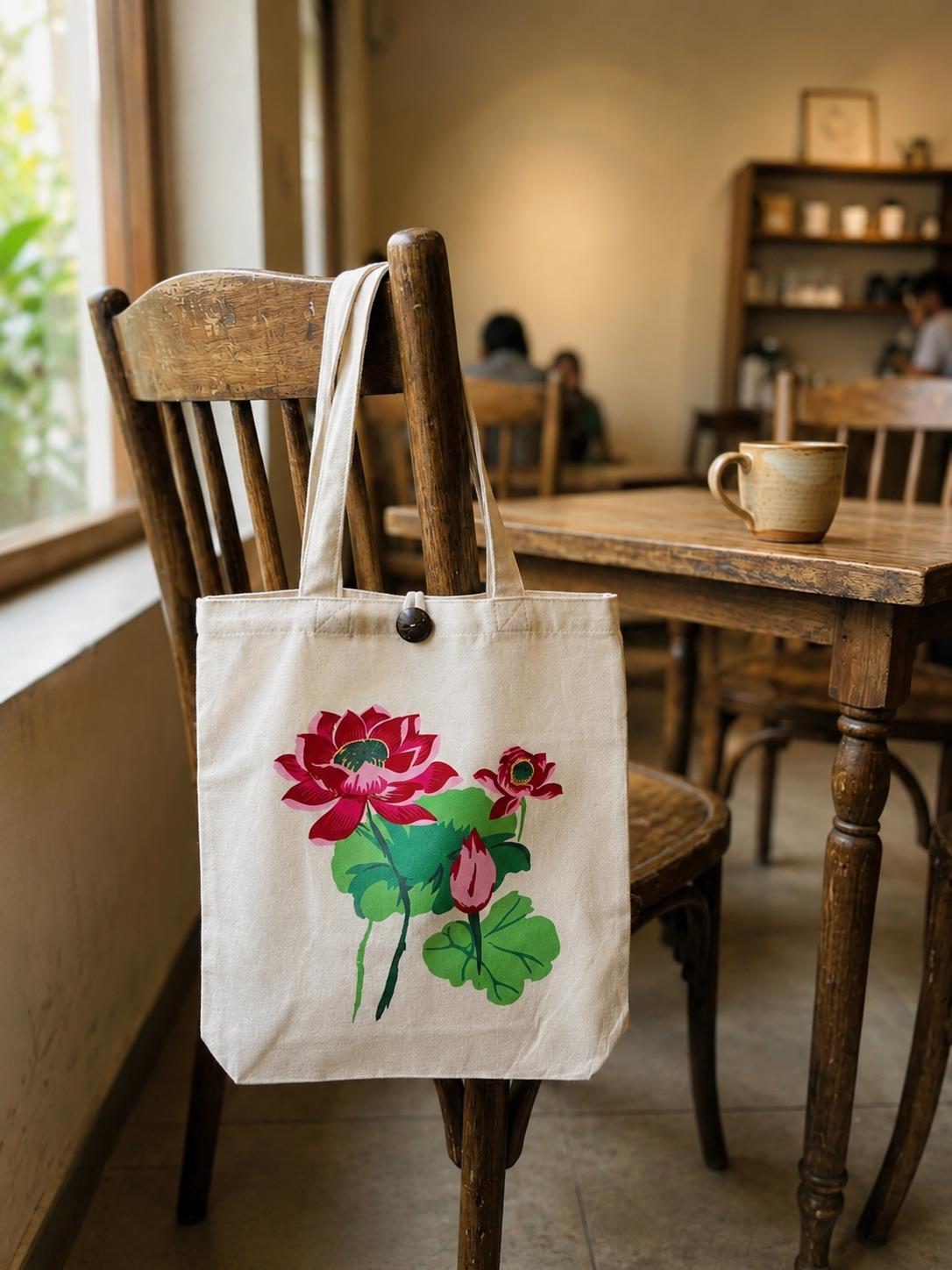 A Vụn Art lotus-print tote bag hanging from a wooden chair in a Hanoi cafe